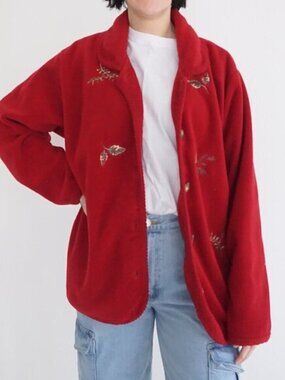 Vintage Club Hollywood Canada Maroon Red Embroidered Fall Button Up Sweater Xl